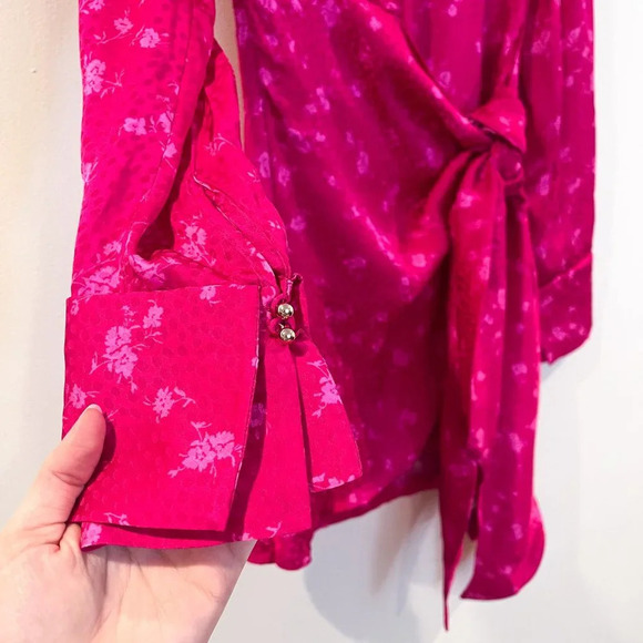 Acler Evanston Hot Pink Floral Dot Print Draped Satin Designer Mini Dress 2 NWT - Picture 6 of 14